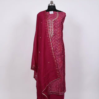 Rani color Party Wear Muslin Suit with embroidery and sequin dupatta