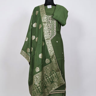 Green Party Wear Suit with Neck embroidery and silk dupatta