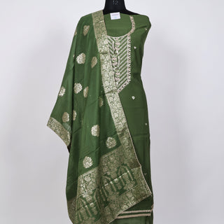 Green Party Wear Suit with Neck embroidery and silk dupatta