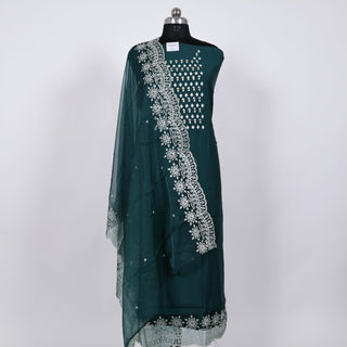 Bottle Green Party Wear Suit with Neck embroidery and organic organza dupatta with lace work