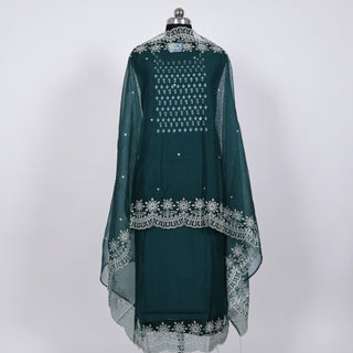 Bottle Green Party Wear Suit with Neck embroidery and organic organza dupatta with lace work