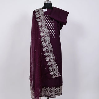 Wine color Party Wear Suit with Neck embroidery and organic organza dupatta with lace work