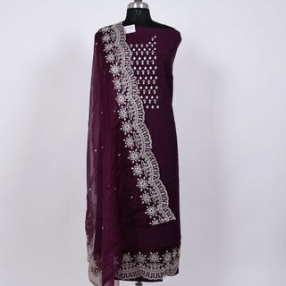 Wine color Party Wear Suit with Neck embroidery and organic organza dupatta with lace work