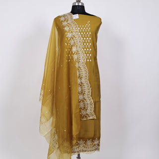 Mustard Party Wear Suit with Neck embroidery and organic organza dupatta with lace work