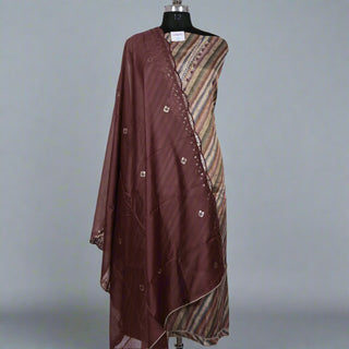 Brown Chikoo Color Party Wear Suit fabric with V Neck embroidery and muslin dupatta