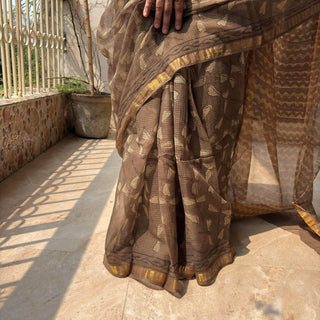 Vanaspati Ajrakh Hand Block Print Kota Doria Cotton Saree with zari border and unstitched Blouse Piece