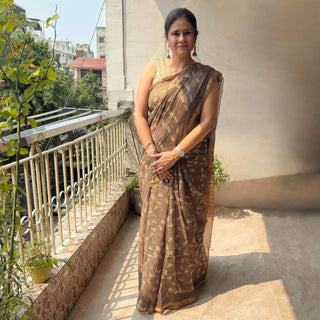 Vanaspati Ajrakh Hand Block Print Kota Doria Cotton Saree with zari border and unstitched Blouse Piece