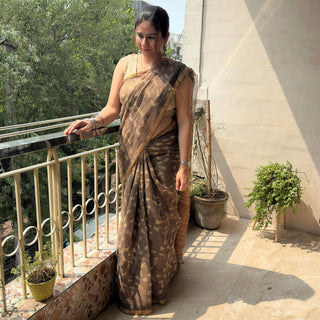 Vanaspati Ajrakh Hand Block Print Kota Doria Cotton Saree with zari border and unstitched Blouse Piece