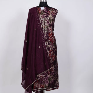 Wine Color Party Wear Suit fabric with Neck embroidery and muslin dupatta