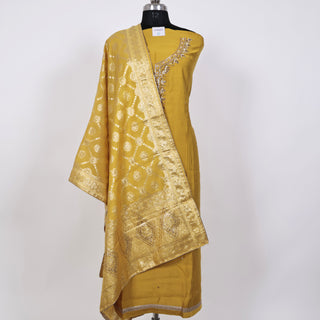 Mustard Party Wear Suit with Neck embroidery and silk dupatta