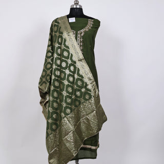 Green Party Wear Suit with Neck embroidery and silk dupatta