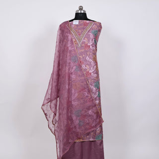 Mauve Party Wear Organza Suit fabric with Neck embroidery and dupatta