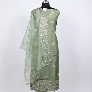 Green Party Wear Suit with embroidery and organic organza dupatta