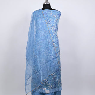 Blue Party Wear Organza Suit fabric with Neck embroidery and dupatta