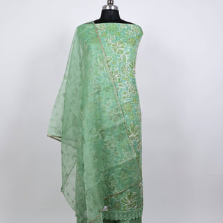 Light Green Party Wear Organic Organza (soft) Suit fabric with Neck embroidery and dupatta