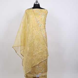 Yellow Party Wear Organza Suit fabric with Neck embroidery and dupatta