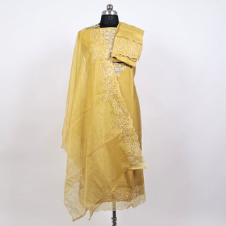 Yellow Modal Cotton Neck Embroidery Party Wear Suit with organic organza dupatta