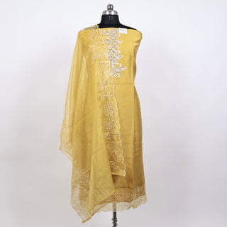 Yellow Modal Cotton Neck Embroidery Party Wear Suit with organic organza dupatta