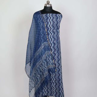 Pure Cotton handblock indigo ladies suit fabric with kota doria dupatta and cotton bottom - Myshkaa  