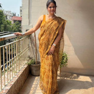 Vanaspati Ajrakh Hand Block Print Kota Doria Cotton Saree with zari border and unstitched Blouse Piece