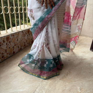 White Handblock printed Kota Doria Cotton Saree with Unstitched Blouse Piece