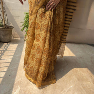 Vanaspati Ajrakh Hand Block Print Kota Doria Cotton Saree with zari border and unstitched Blouse Piece