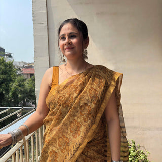 Vanaspati Ajrakh Hand Block Print Kota Doria Cotton Saree with zari border and unstitched Blouse Piece