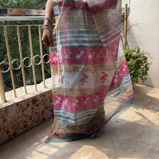 White Handblock printed Kota Doria Cotton Saree with Unstitched Blouse Piece