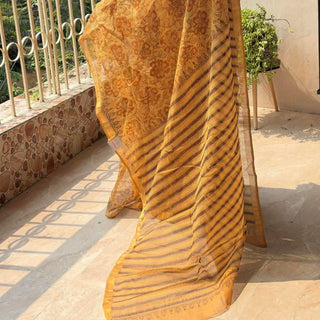 Vanaspati Ajrakh Hand Block Print Kota Doria Cotton Saree with zari border and unstitched Blouse Piece