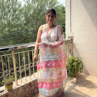 White Handblock printed Kota Doria Cotton Saree with Unstitched Blouse Piece