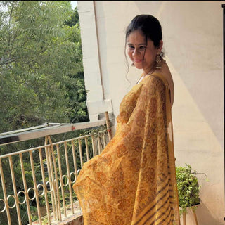 Vanaspati Ajrakh Hand Block Print Kota Doria Cotton Saree with zari border and unstitched Blouse Piece