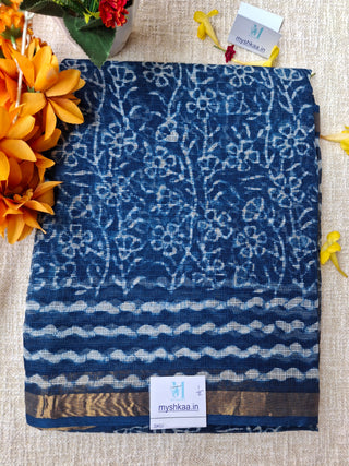 Handblock Print Kota Doria Cotton Saree with Zari border and Unstitched Blouse Piece