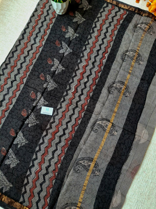 Handblock Print Kota Doria Cotton Saree with Zari border and Unstitched Blouse Piece