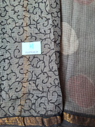 Handblock Print Kota Doria Cotton Saree with Zari border and Unstitched Blouse Piece