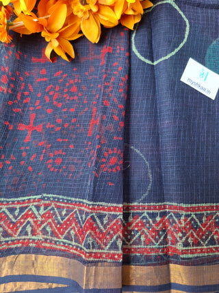 Ajrakh Handblock Print Kota Doria Cotton Saree with Zari border and Unstitched Blouse Piece