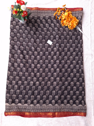 Handblock Print Kota Doria Cotton Saree with Zari border and Unstitched Blouse Piece