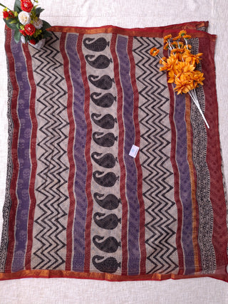Handblock Print Kota Doria Cotton Saree with Zari border and Unstitched Blouse Piece