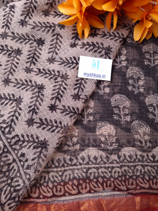 Handblock Print Kota Doria Cotton Saree with Zari border and Unstitched Blouse Piece