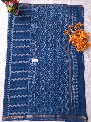 Handblock Print Kota Doria Cotton Saree with Zari border and Unstitched Blouse Piece