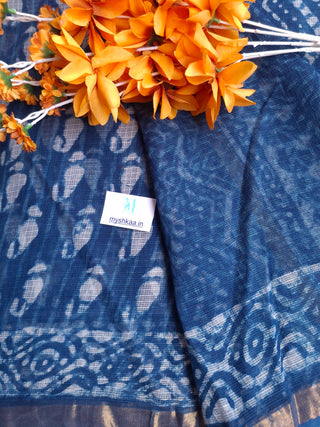Handblock Print Kota Doria Cotton Saree with Zari border and Unstitched Blouse Piece