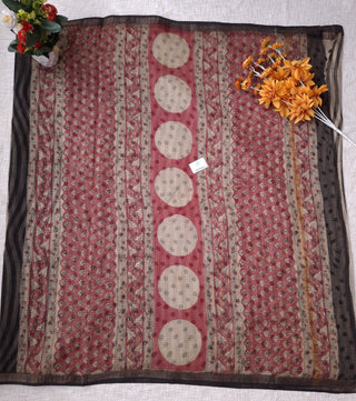 Ajrakh Handblock Print Kota Doria Cotton Saree with Zari border and Unstitched Blouse Piece