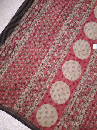 Ajrakh Handblock Print Kota Doria Cotton Saree with Zari border and Unstitched Blouse Piece