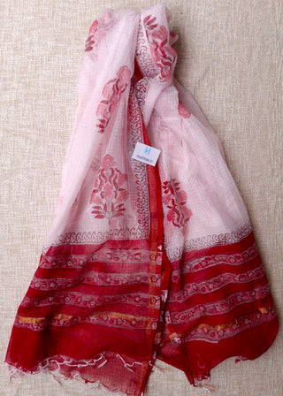 Red Cotton Handblock Office Wear Suit fabric with Kota Doria Dupatta