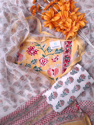 Light Yellow Cotton Handblock Office Wear Suit fabric with Kota Doria Dupatta