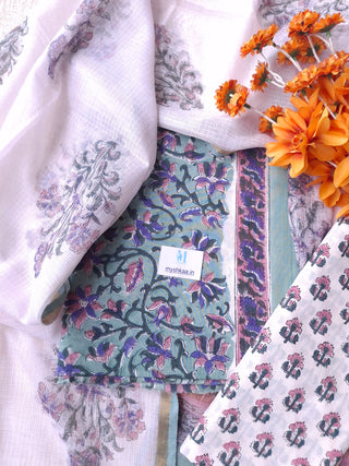 Green Cotton Handblock Office Wear Suit fabric with Kota Doria Dupatta