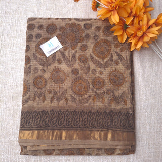 Hand Block Print Kota Doria Cotton Saree with Zari border and Unstitched Blouse Piece