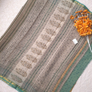 Hand Block Print Kota Doria Cotton Saree with Zari border and Unstitched Blouse Piece