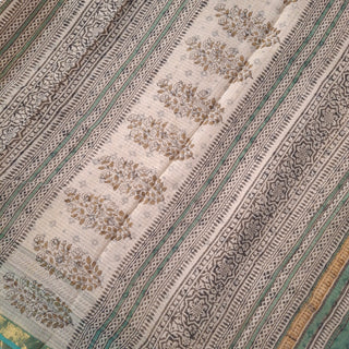 Hand Block Print Kota Doria Cotton Saree with Zari border and Unstitched Blouse Piece
