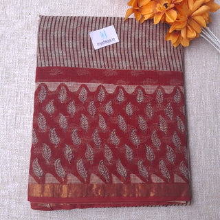 Hand Block Print Kota Doria Cotton Saree with Zari border and Unstitched Blouse Piece