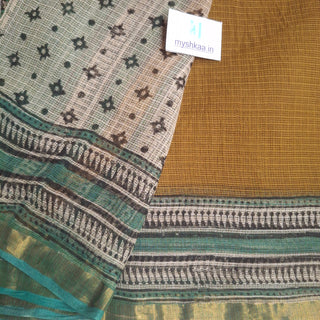 Hand Block Print Kota Doria Cotton Saree with Zari border and Unstitched Blouse Piece
